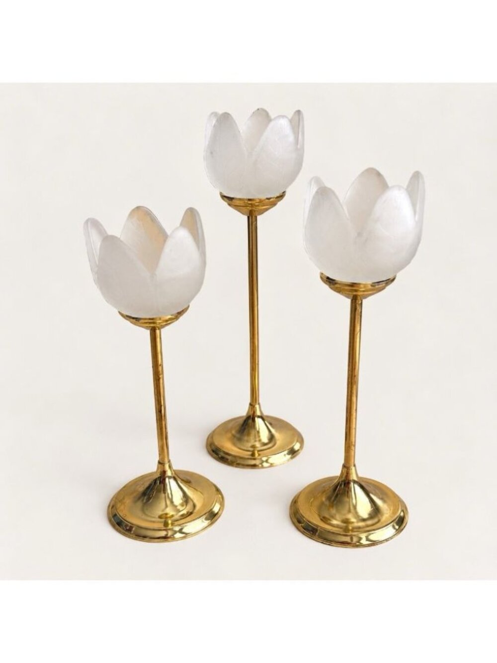 Vintage Brass Tone Frosted Glass Tulip Tea Light Candle Holders Set of 3 Flower